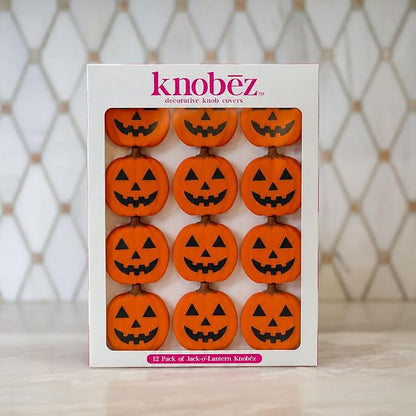 Knobēz 12pk Jack o Lantern Decorative Knob Covers for Halloween Decor | Stretchy autumn seasonal accents fit 1 to 1.5 in round or square cabinet hardware for kitchen, bathroom, and dressers