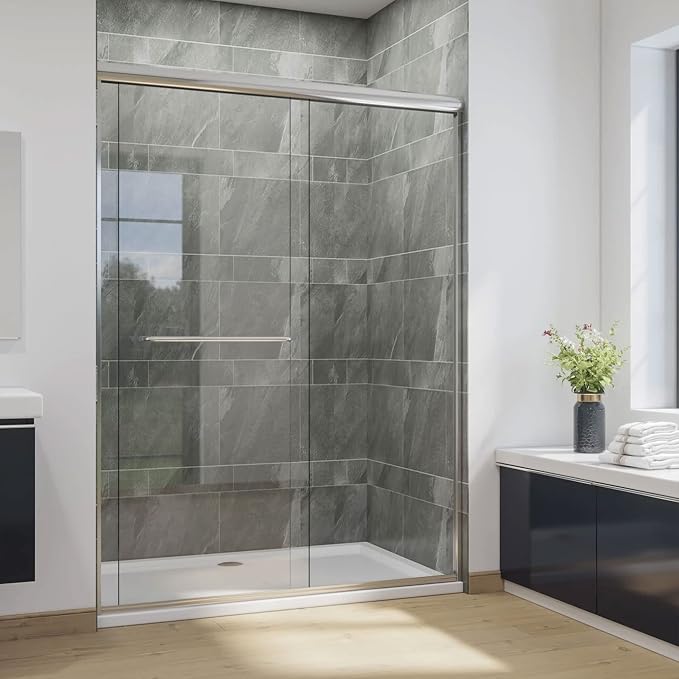 SUNNY SHOWER Semi-Frameless Shower Doors 1/4" (6mm) Glass Sliding Shower Enclosure 54" W x 72" H Shower Glass Door Brushed Nickel Finish