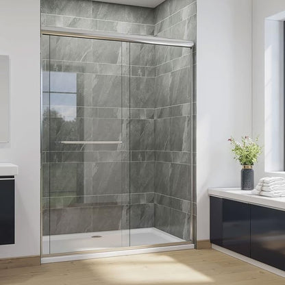 SUNNY SHOWER Semi-Frameless Shower Doors 1/4" (6mm) Glass Sliding Shower Enclosure 54" W x 72" H Shower Glass Door Brushed Nickel Finish