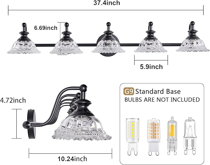 37.4" 5 Light Vanity Light for Bathroom (Exclude G9 Bulb) Black Vanity Lights for Bathroom