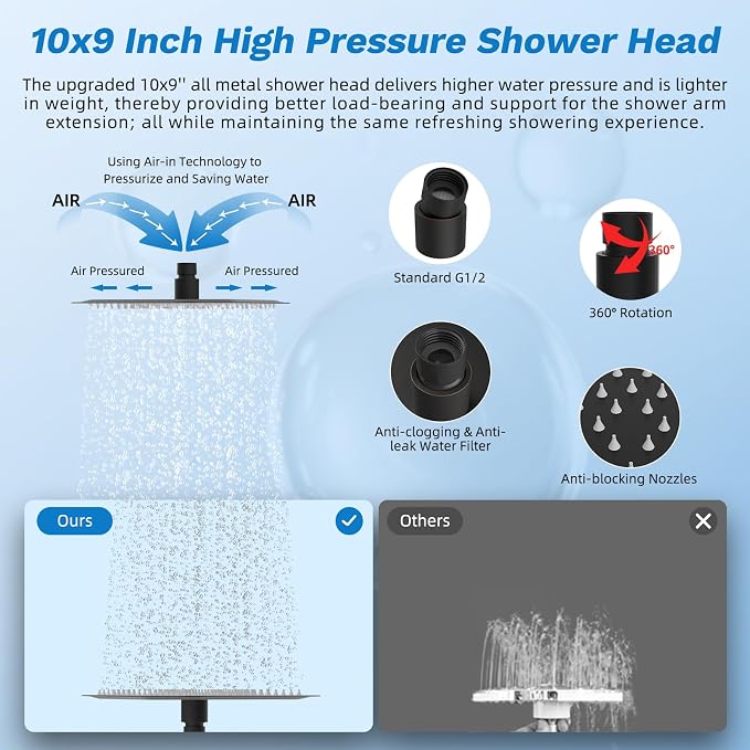 Hibbent High Pressue All Metal 10" Rainfall Shower Head, Handheld 10-Spray | cUPC Certified Oil-Rubbed Bronze Dual Showerhead Combo, 4-way Diverter with Pause Mode, Extension Arm, 71'' Hose & Holder