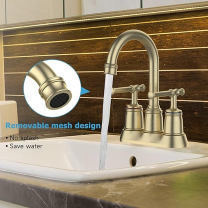 Classical Bathroom Faucets for Sink 2&3 Holes, 4 inch Bathroom Faucet, 360 Swivel Spout Centerset Brushed Gold Bathroom Faucet with Pop Up Drain and cUPC Lead-Free Hose (Brushed Gold)