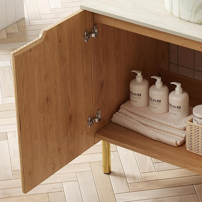 30" Bathroom Vanity with Single Sink, Modern Bathroom Storage Cabinet with Black Rectangular Ceramic Basin and Roma Travertine-Pattern Sintered Stone Top, Soft Closing Door, Natural Wood