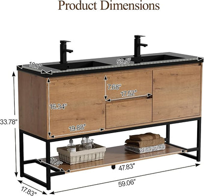LUCKWIND 60" Modern Bathroom Vanity with Dual Black Sink Combo, Freestanding Storage Cabinet with Metal Frame, Water-Saving Faucet and Open Shelf and 2 Soft-Closing Door, Natural