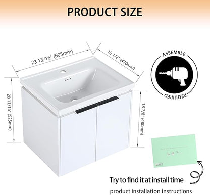 24" Bathroom Vanity with Sink, 24 Inch Floating Bathroom Vanity, Modern Bathroom Vanity, White Wall Mounted Cabinet Set
