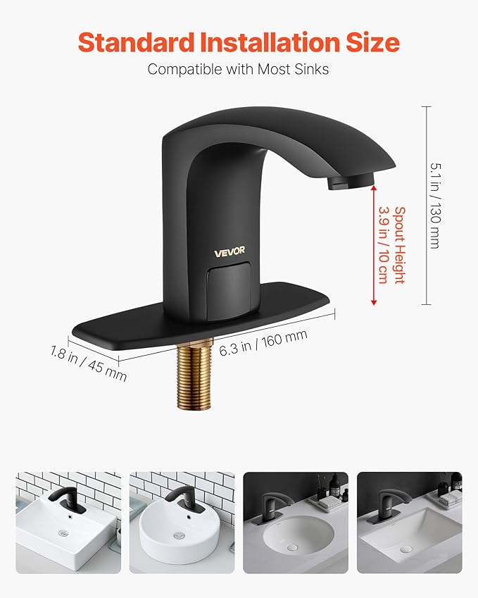 VEVOR Touchless Bathroom Sink Faucet, Automatic Motion Sensor Restroom Toilet Faucet with Hole Cover Plate, Battery Operated,Adjustable Temperature for 9/16 in Pipe Commercial Lavatory,Matte Black