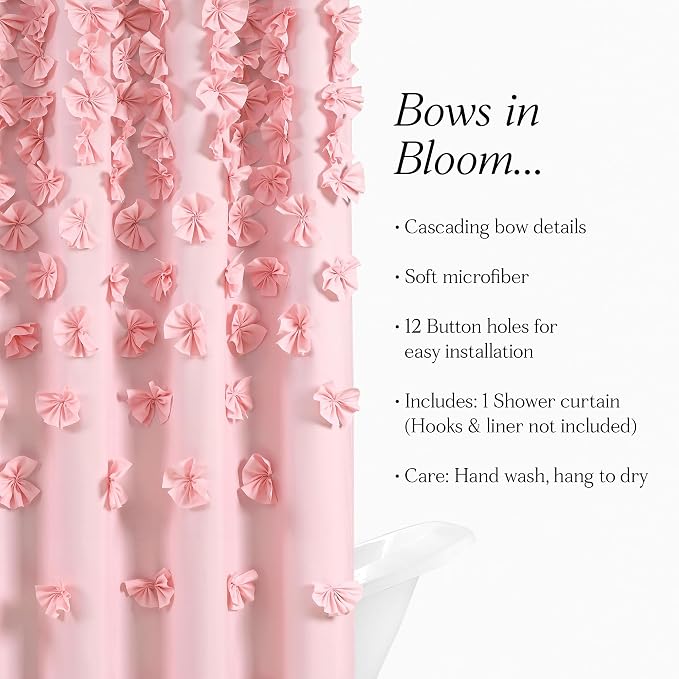 Lush Decor Riley Shower Curtain, 72" W x 72" L, Pink - Bathroom Curtain - Coquette Decor - Bow Shower Curtains - Cottage Core - Fabric Shower Curtains