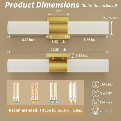 Wall Sconces Set of Two, Modern 21" Vanity, Frosted Glass, Gold | Indoor Wall Light Fixture. For Bathroom, Mirror, Bedroom, Living Room, Hallway. Mounting Hardware Included. Easy To Install.