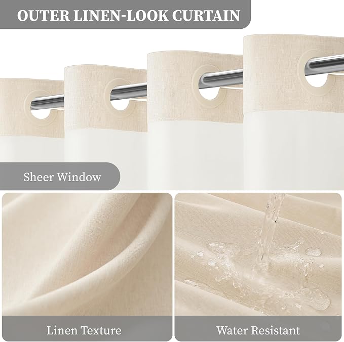 Cream Ringless Linen Textured Shower Curtain with Snap in Liner, 72x75 | 3 in 1 Hotel Shower Curtain Set, Removable Liner, Waterproof & Washable, Mesh Top Window, Durable Fabric, Easy to Install