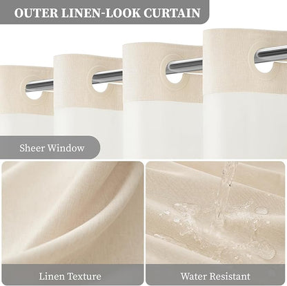 Cream Ringless Linen Textured Shower Curtain with Snap in Liner, 72x75 | 3 in 1 Hotel Shower Curtain Set, Removable Liner, Waterproof & Washable, Mesh Top Window, Durable Fabric, Easy to Install