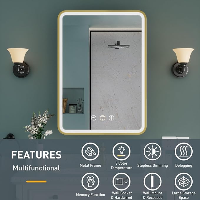 20x28 Inch Medicine Cabinet with Mirror, Recessed or Surface Mount Bathroom Medicine Cabinet with LED Lights, Anti-Fog, Memory Function, Adjustable Shelf, Dimmable Light, ETL Listed, Gold, Right Hinge