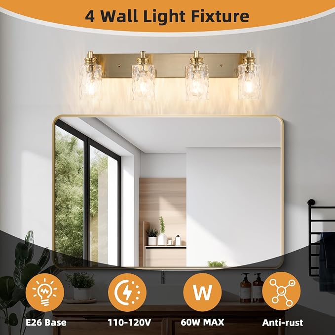 4 Light Bathroom Vanity Light Modern Brushed Gold Bathroom Light Fixtures Over Mirror with Hammered Glass Lampshade for Kitchen Hallway
