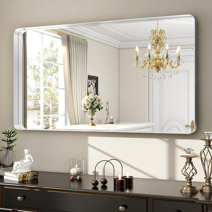 Easly 48 x 30 Inch Silver Bathroom Mirror, Rectangular Wall Mounted Shatterproof Mirror, Aluminum Alloy Frame with Rounded Corners, Horizontal or Vertical for Farmhouse Decor