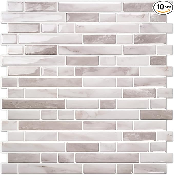 STICKGOO Thicker Peel and Stick Backsplash Tile for Kitchen and Bathroom | 10 Sheets of 12”×12” - 3D Vinyl Self Adhesive Wall Tiles Stick on Backsplash for Kitchen & Bathroom(Warm Greige)