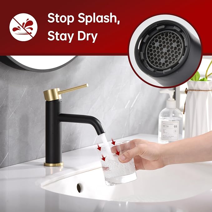 SUMERAIN Modern Single Handle Bathroom Sink Faucet, Black and Gold | Single Hole, Lead-Free, Stainless Steel, with Faucet Supply Lines, Easy DIY Install