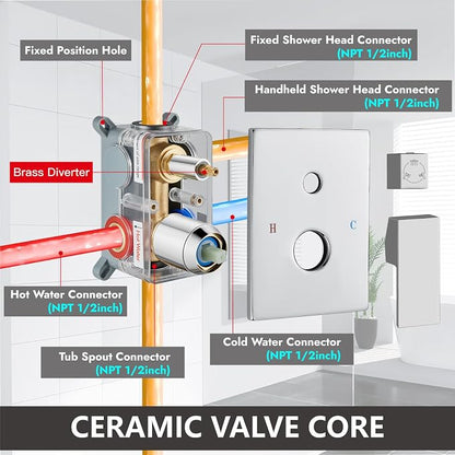 Midanya Shower System with Tub Spout,10 Inch Shower Head,Polish Chrome | with Valve & Trim Kit,Square Rain Head,Handheld Sprayer,Waterfall Spout,All Metal Wall Mount Bathroom Shower Tub Faucet Set