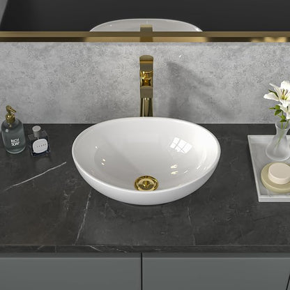 Sarlai Oval Vessel Sink - 16"x13" Bathroom Sink Oval Shape Above Counter White Porcelain Ceramic Bathroom Vessel Vanity Sink Art Basin