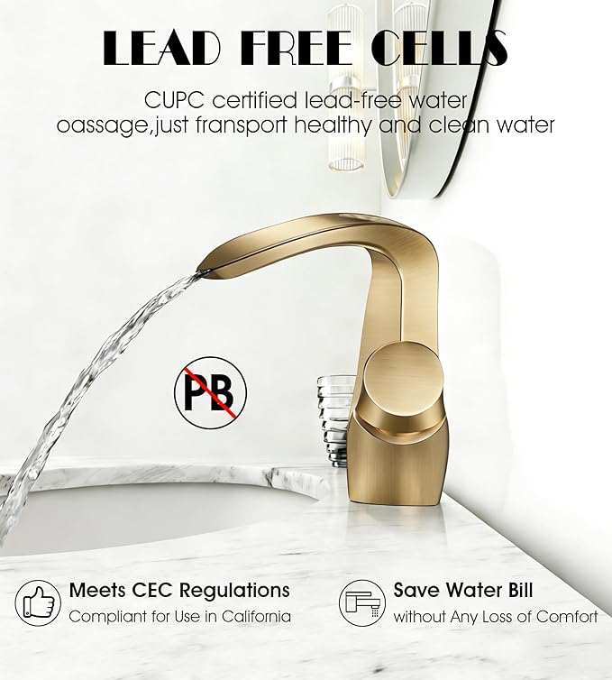 Elegant Alien Brushed Gold Bathroom Sink Faucet Single Hole,AUU Waterfall Vanity Sink Faucet Solid Brass,Single Handle Basin Tap with Pop Up Drian&Deck Plate