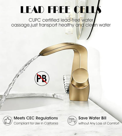 Elegant Alien Brushed Gold Bathroom Sink Faucet Single Hole,AUU Waterfall Vanity Sink Faucet Solid Brass,Single Handle Basin Tap with Pop Up Drian&Deck Plate
