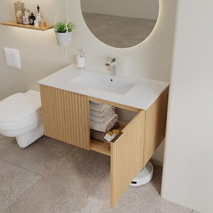 Modern Bathroom Vanity with Sink, Floating Wall Mount Cabinet with Wavy Textured Doors, Waterproof Storage for Small Bathroom, Soft-Close Design, Nature Wood (36")
