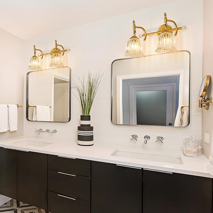 CVKASH 2-Light Bathroom Vanity Light Fixtures Over Mirror,Brushed Gold Modern Vanity Light with Glass Shade Vintage Wall Sconce for Bedroom Dressing Room Living Room Hallway Cabinet