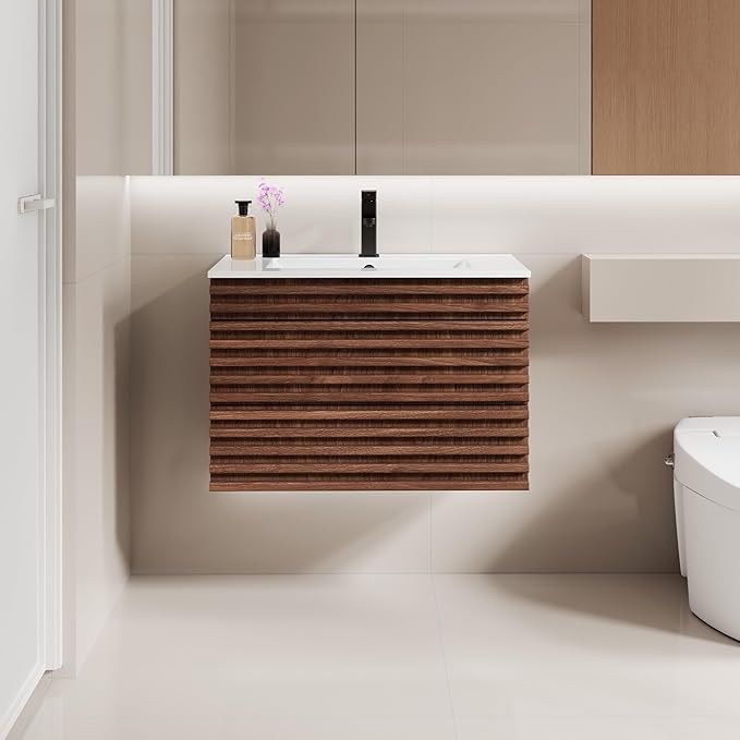 LUCKWIND 30" Floating Bathroom Vanity with Sink, Mid-Century Wall Mounted Big Drawer Cabinet with Large Sink, Water Saving Faucet and Wood Stripes Style, Walnut