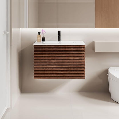 LUCKWIND 30" Floating Bathroom Vanity with Sink, Mid-Century Wall Mounted Big Drawer Cabinet with Large Sink, Water Saving Faucet and Wood Stripes Style, Walnut