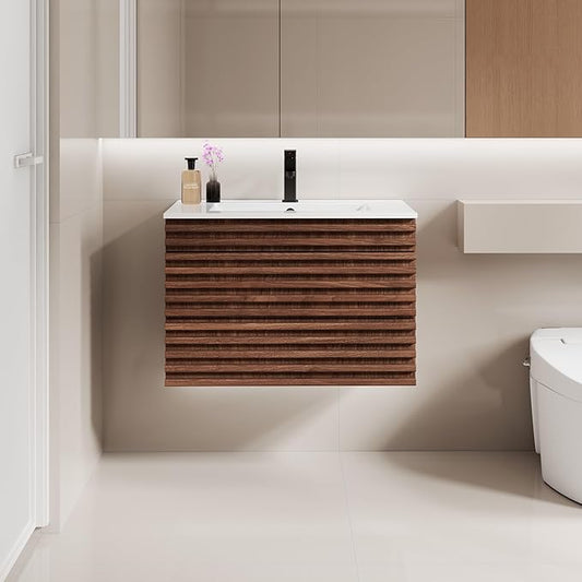 LUCKWIND 30" Floating Bathroom Vanity with Sink, Mid-Century Wall Mounted Big Drawer Cabinet with Large Sink, Water Saving Faucet and Wood Stripes Style, Walnut