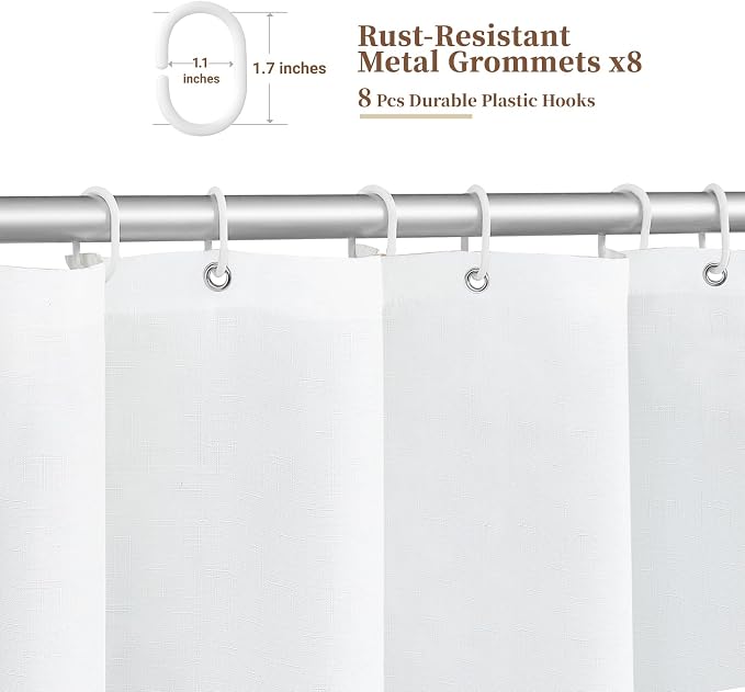 BTTN 48x72 Boho Scalloped Linen Textured Cloth Shower Curtain Set, White | Stall Size, 230GSM Waterproof Polyester, Heavy Duty Fabric, 8 Plastic Hooks, Elegant Modern Farmhouse Style, Machine Washable
