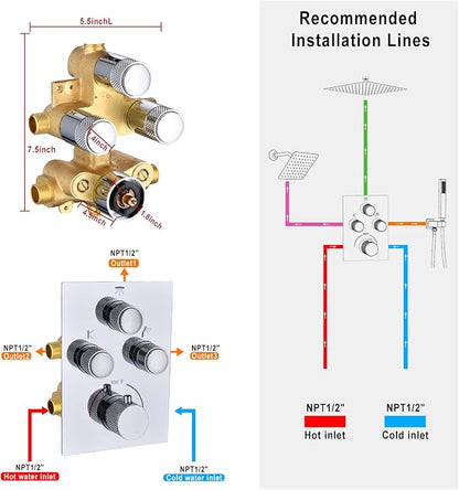 Dual Shower Heads Shower System with 16" Ceiling Mounted Rain Shower Head & 6" Wall Mounted Head Full Body Shower System 3 Way Thermostatic Shower Valve, Polished Chrome