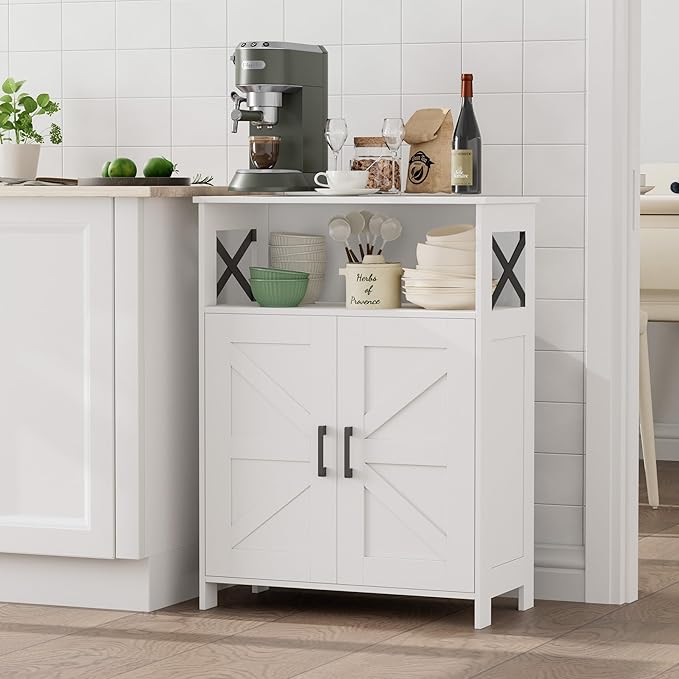 Homhedy Farmhouse Bathroom Storage Cabinet with 2 Doors, Toilet Paper Cabinet with Adjustable Shelves, Small Bathroom Cabinet for Kitchen/Laundry/Living Room, 11.8 x 23.6 x 31.5 Inches, White