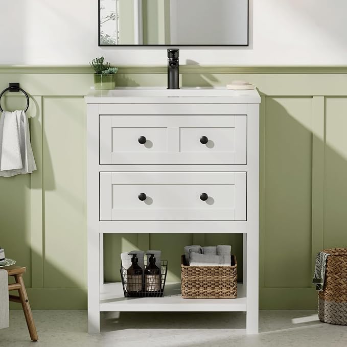 24 Inch Farmhouse Bathroom Vanity with Sink, White | Durable SMC integrated sink with 2 soft-close drawers, open shelf storage and adjustable feet, ideal for small bathrooms