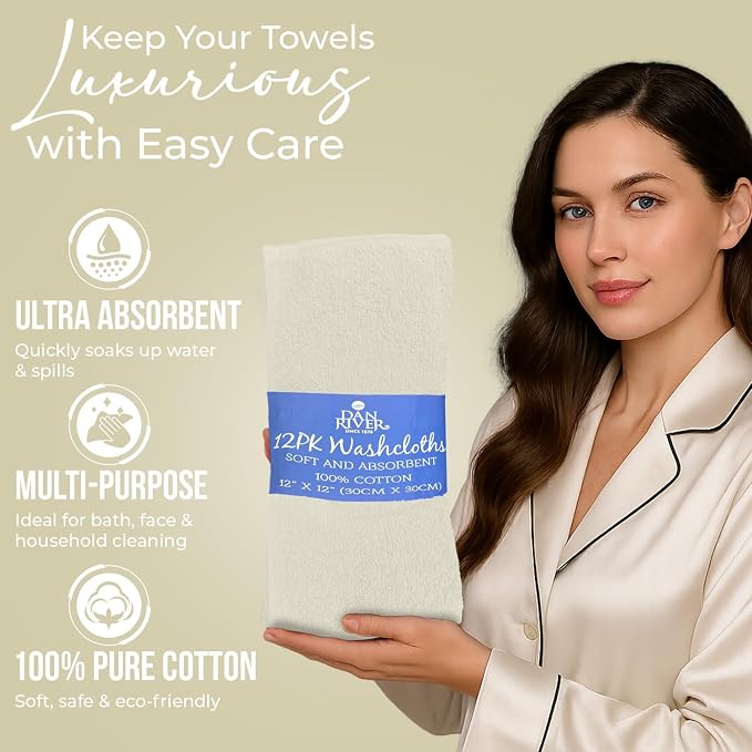 DAN RIVER 12 Pack Cotton Wash Cloths Set for Showering [12x12] Ivory | Lighter Weight, Quick to Dry, Super Soft & Absorbent Face Towels, Hotel Quality, Perfect for Bathroom, Gym, Spa