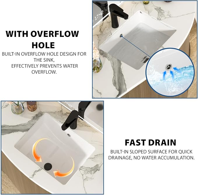 White Undermount Bathroom Sink 18"x14"Ceramic Basin | Modern Porcelain Under Counter Bathroom Vanity Sink, Interior Bowl 16.3"x 16.9", Rectangular Undermount Basin with Overflow