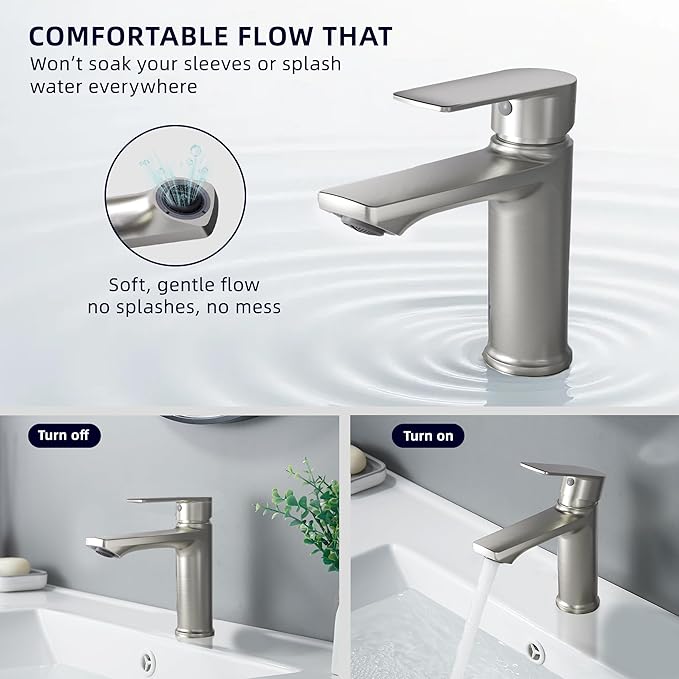 BELZ Bathroom Faucet Brushed Nickel, Tool-Free Modern Single Handle Sink Faucet, Spot-Resistant Single Hole Vanity Faucet, Pre-Installed 24" Lines, Faucet Only