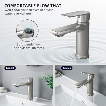 BELZ Bathroom Faucet Brushed Nickel, Tool-Free Modern Single Handle Sink Faucet, Spot-Resistant Single Hole Vanity Faucet, Pre-Installed 24" Lines, Faucet Only