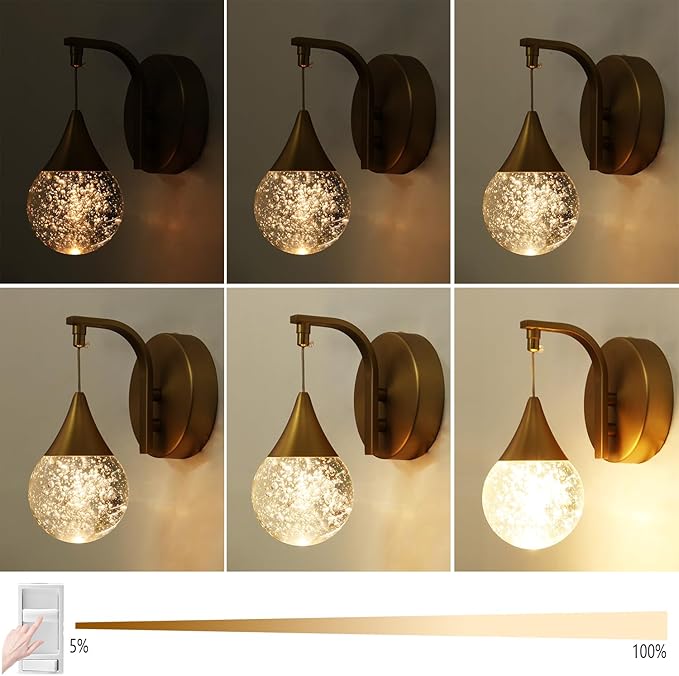 Modern Crystal Wall Sconce, Globe Wall Light, Led Bubble Wall Lamp for Bedroom Living Room Hallway, 3300k Warm White | Dimmable | Gold