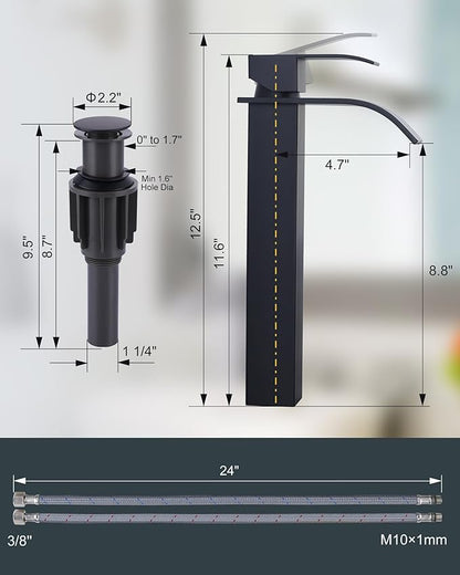 Vessel Sink Faucet Matte Black: ARCORA Single Hole Tall Bathroom Faucet, Single Handle Tall Waterfall Bathroom Faucet with Pop Up Drain and cUPC Supply Lines