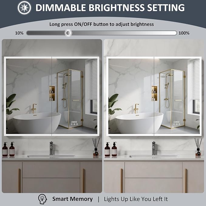 ACEMIRO 36"×30" Lighted Medicine Cabinet with Mirror, Surface or Recessed Bathroom Mirror Medicine Cabinet with Clock & Temp Display, Defogger, Dimming, Built-in Outlet & USB Ports, Double Door