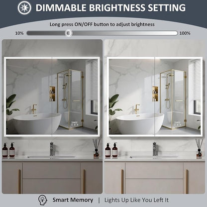 ACEMIRO 36"×30" Lighted Medicine Cabinet with Mirror, Surface or Recessed Bathroom Mirror Medicine Cabinet with Clock & Temp Display, Defogger, Dimming, Built-in Outlet & USB Ports, Double Door