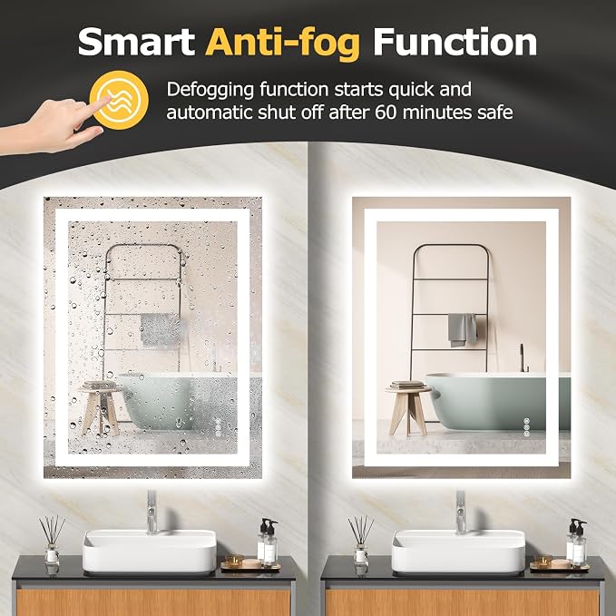 Hivone 28"X36" LED Bathroom Mirror with Lights, Anti-Fog, Dimmable, Backlit + Front Lit, Smart Bathroom Vanity Mirror, Memory Function, Shatterproof, Tempered Glass (Horizontal/Vertical)
