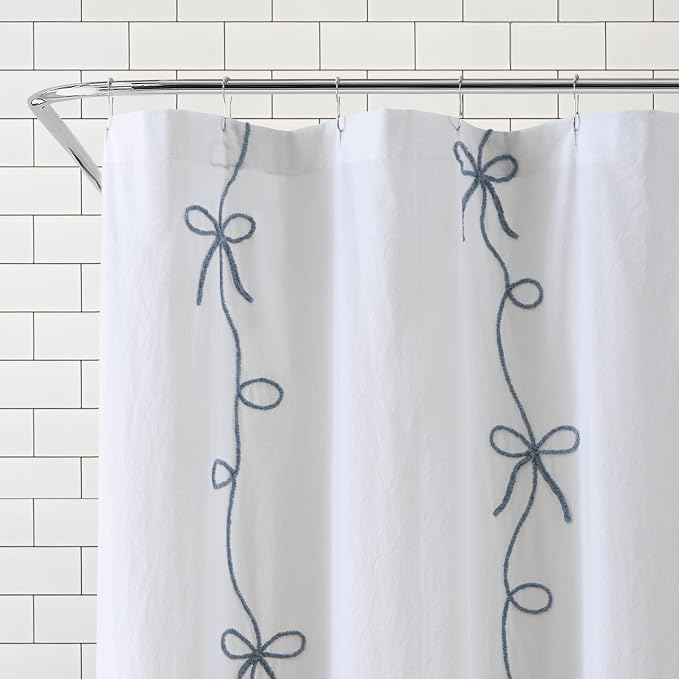 Peri Home 100% Cotton Fabric Shower Curtain for Bathroom, 72 x 72 inches, Blue Sasha Bows