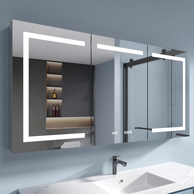 Medicine Cabinet with Lights 60x30 Anti-Fog Mirror Dimmable | 3 Color Dimmable LED. Time/Temp Display. Anti-Fog IP44. 2 Outlets+2 USB. Plug-in/Hardwired. Recessed/Wall Mount.
