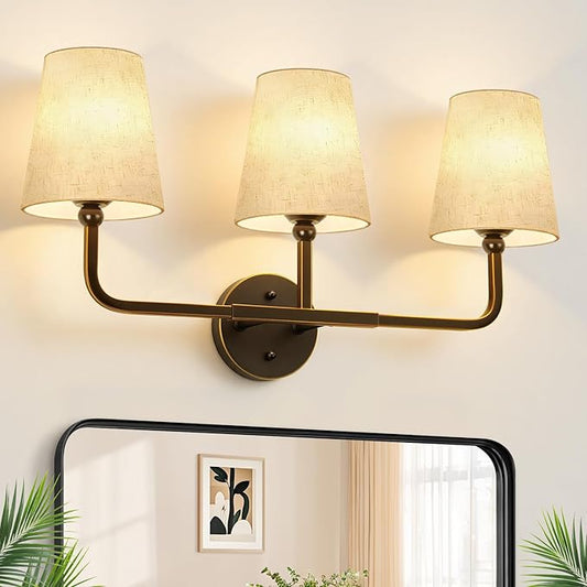Bathroom Light Fixtures, 3-Light Oil-Rubbed Bronze Vanity Lights, Bathroom Lighting Fixtures Over Mirror with Flared Linen Shade, Modern Wall Sconces for Living Room Hallway