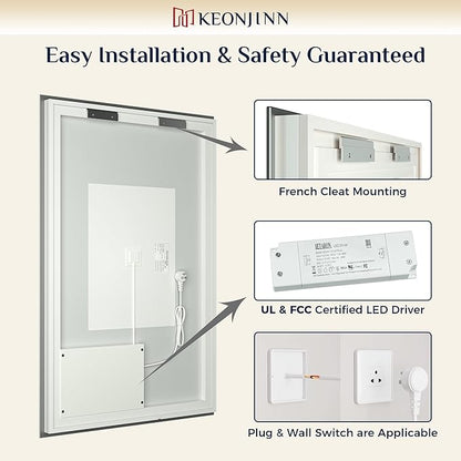 Keonjinn Backlit Mirror Bathroom 20” x 28”, Anti-Fog Mirror with Lights, CRI90+ HD Tempered Glass, Waterproof, UL Listed, Stepless Dimmable LED Mirrors for Bathroom, High Lumen, Waterproof