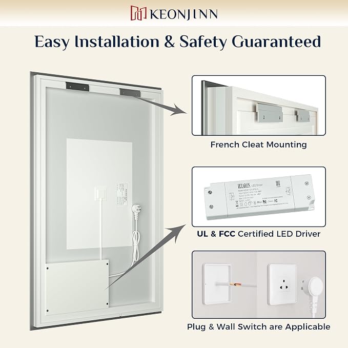 Keonjinn 84"x40" Backlit Mirror Bathroom, Safe Tempered Glass & Defogging | 3 Colors Lights Warm/Natural/White, Dimmable, Shatterproof, Clear Reflection, Oversized, Frameless LED Mirror for Bathroom