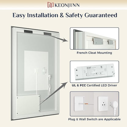 Keonjinn 60" x 36" LED Backlit Mirror Bathroom, Safe HD Tempered Glass | 3000K/4500K/6000K, Dimmable, Auto-OFF Defogging, Secure French Cleat Installation, Oversized Lighted Bathroom Mirror for Wall