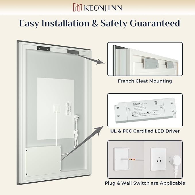 Keonjinn LED Backlit Mirror 84” x 32” Oversized Lighted Bathroom Mirror with UL Listed LED Driver, Large Stepless Dimmable Wall Mirror, Tempered Glass, CRI90+ Anti Fog Vanity Mirror with Backlights