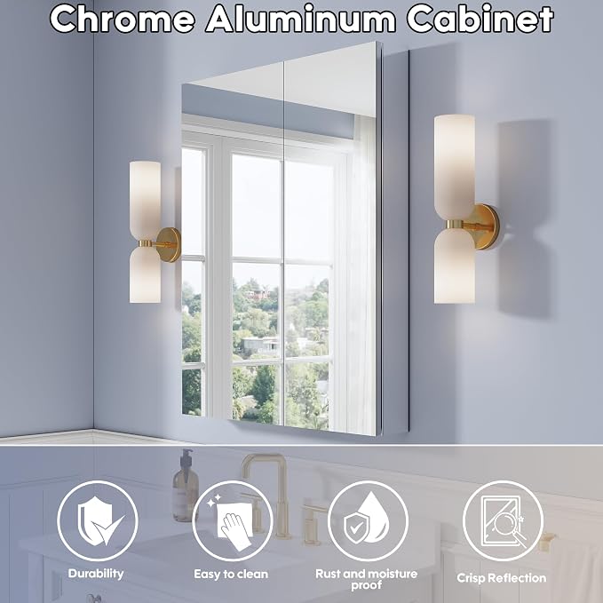 28" x 36" Bathroom Medicine Cabinet with Mirror, Anodized Chrome Aluminum Frame, Surface Mount or Recessed Medicine Cabinet with Mirror, Bathroom Mirror with Storage, Double Doors