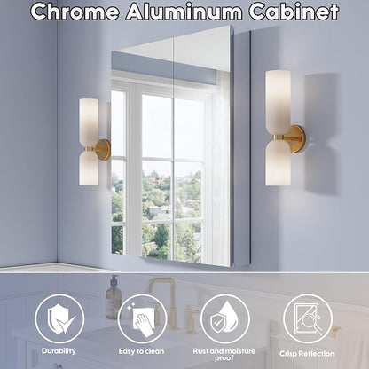 28" x 36" Bathroom Medicine Cabinet with Mirror, Anodized Chrome Aluminum Frame, Surface Mount or Recessed Medicine Cabinet with Mirror, Bathroom Mirror with Storage, Double Doors